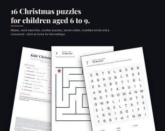 May include: A set of 16 printable Christmas puzzles for children aged 6 to 9, titled Keepsake Clues. The collection includes mazes, word searches, number puzzles, secret codes, and crosswords. The pages feature black text and graphics on white paper.