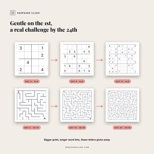 Sudoku 4x4, then 6x6, then 9x9 and maze 10x10, then 16x16, then 19x19, from days 4, 9, 21 and 2, 14, 20