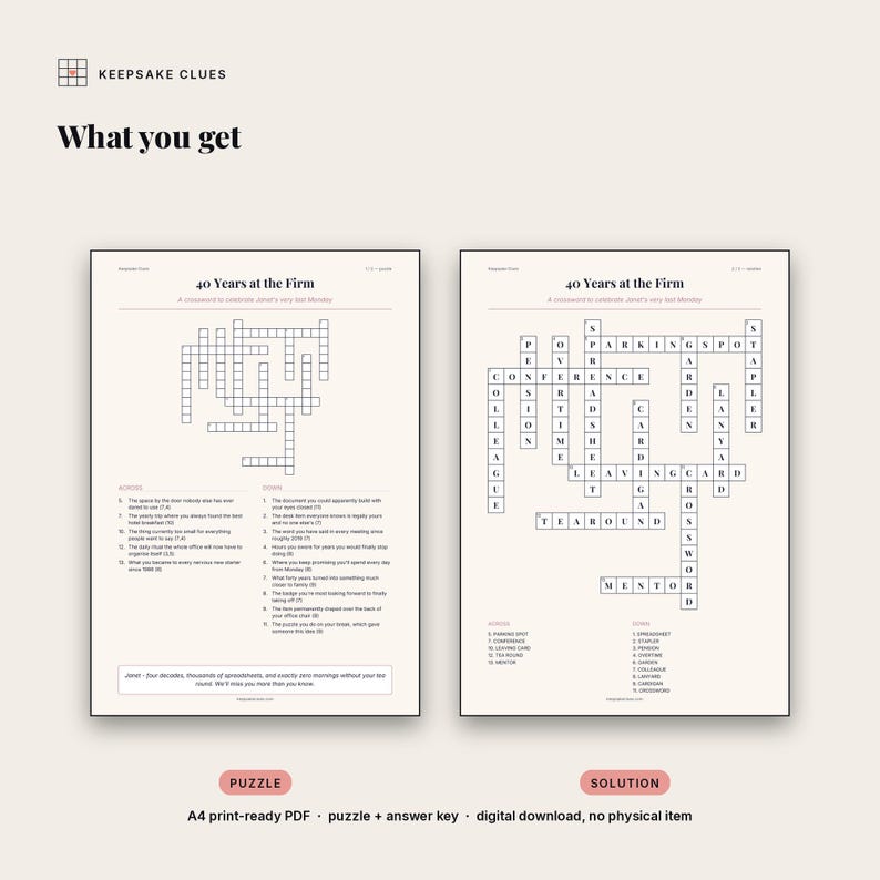 What you receive: a print-ready A4 puzzle page with the clue lists, plus a full solution page