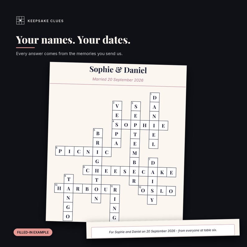 Close-up of a finished personalised wedding crossword: the names, the dates and the filled-in answers, with the dedication line