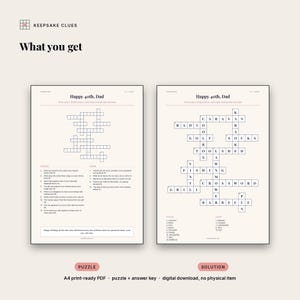 What you receive: a print-ready A4 puzzle page with the clue lists, plus a full solution page