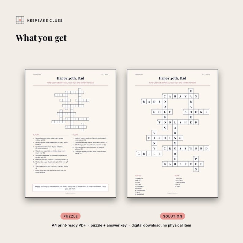 What you receive: a print-ready A4 puzzle page with the clue lists, plus a full solution page