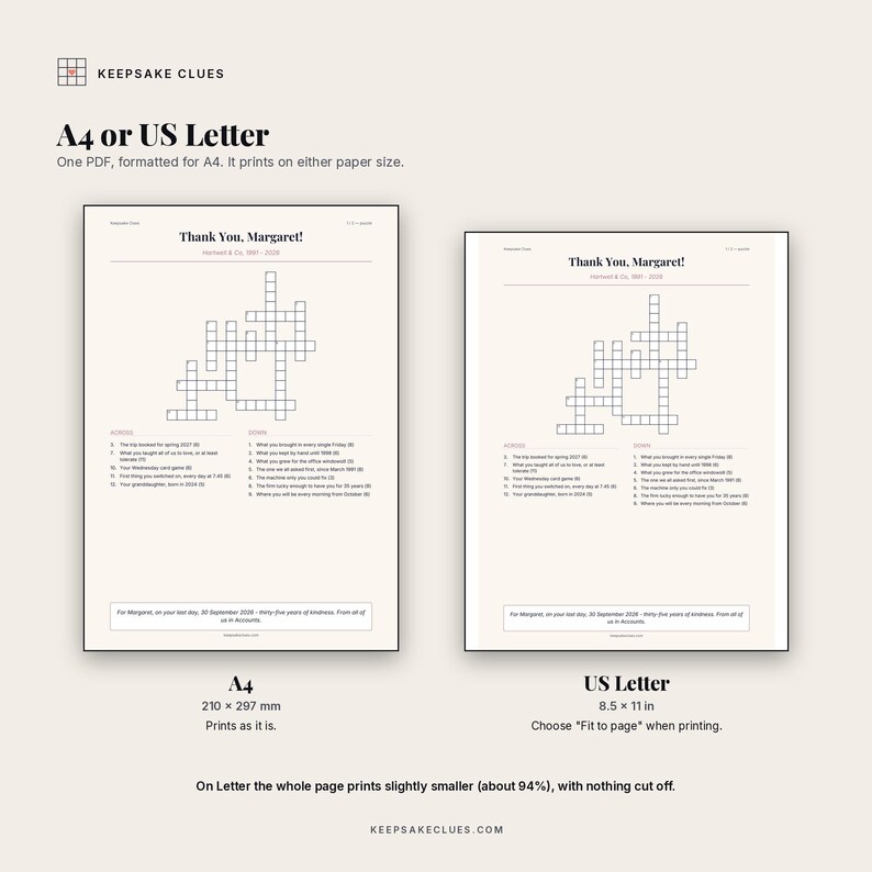 A4 and US Letter compared: the A4 PDF prints on US Letter with Fit to page, slightly smaller, nothing cut off