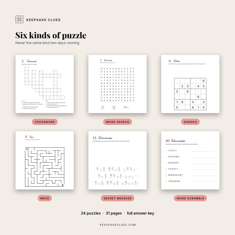 The six puzzle kinds, each cropped from a real day page
