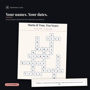 Personalised Anniversary Crossword Puzzle, Made From Your Memories, Custom Couple Gift, Printable A4 PDF, Sent in 1-3 Days