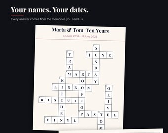 Personalised Anniversary Crossword Puzzle, Made From Your Memories, Custom Couple Gift, Printable A4 PDF, Sent in 1-3 Days