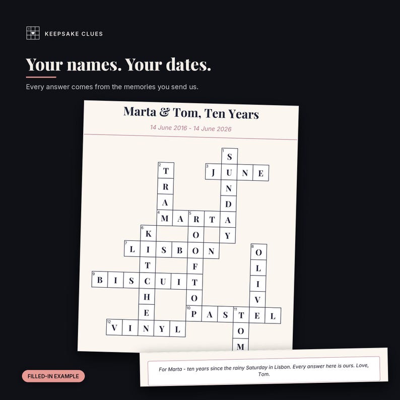 Close-up of a finished personalised anniversary crossword: the names, the dates and the filled-in answers, with the dedication line