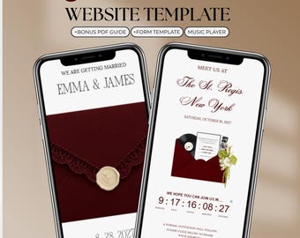 May include: A digital Save the Date website template for Canva displayed on two smartphones. The screens show wedding invitation details for Emma and James, featuring a burgundy envelope, wax seal, countdown timer, and text.