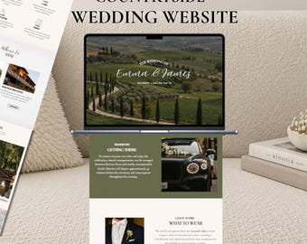 May include: A laptop screen displaying a countryside wedding website with the text "COUNTRYSIDE WEDDING WEBSITE" at the top. The screen shows a landscape photo of rolling hills, the names "Emma & James," and sections for transport, guest attire, and event details.