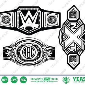 Pode incluir: Três designs gráficos em preto e branco de cinturões de campeonato. O cinturão superior esquerdo apresenta um grande logotipo W e monogramas ABC circulares. O cinturão inferior esquerdo tem um centro oval com o texto ABC.