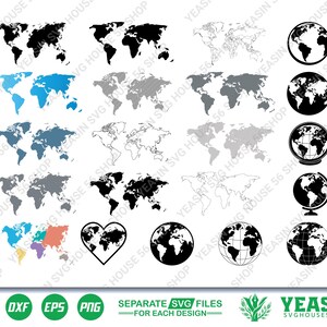Puede incluir: Una colección de ilustraciones de mapas mundiales en varios estilos, incluyendo proyecciones planas en negro, azul, gris y contornos, junto con iconos de globos circulares y un mapa en forma de corazón, con texto de formato al pie.