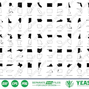 Peut inclure: Une collection de cinquante icônes graphiques individuelles en noir et blanc représentant les formes des États-Unis, disposées en grille. Chaque icône est étiquetée avec le nom de l'État correspondant. Le bas inclut des icônes de format.