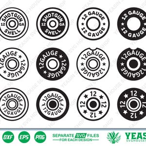 Könnte beinhalten: Eine Sammlung von zwölf kreisförmigen schwarz-weißen Grafikdesigns, die Schrotpatronenböden darstellen. Jedes Design enthält Text wie 12 GAUGE, SHOTGUN SHELL und 12, angeordnet in verschiedenen kreisförmigen Layouts mit Sternen und Umrandungen.