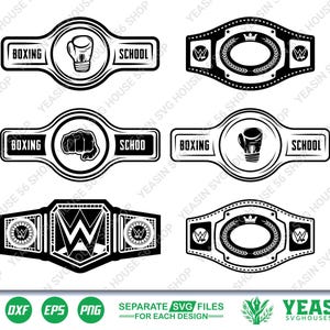 Pode incluir: Uma coleção de seis designs gráficos em preto e branco com ilustrações de cinturões de campeonato. Quatro designs incluem o texto BOXING SCHOOL com ícones de uma luva de boxe ou um punho. Dois designs apresentam o logotipo da WWE e louros.