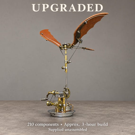 Steampunk Flying Machine DIY Metal Model Kit, Hand Crank Ornithopter, Moving Wing Kinetic Desk Sculpture