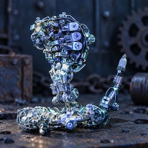 Könnte beinhalten: Eine Skulptur einer Kobra, die aus verschiedenen metallischen mechanischen Bauteilen wie Schrauben, Bolzen und Zahnrädern gefertigt ist. Die Figur zeigt eine aufgerichtete Haube und einen geringelten Körper mit glänzendem Silberfinish.