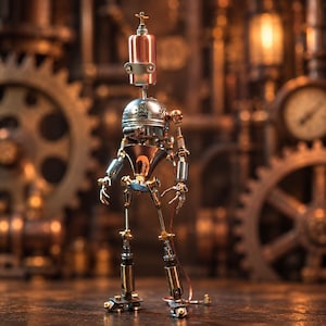 May include: A standing robot figure constructed from metallic components including copper, brass, and silver-toned parts. The robot features a cylindrical head with a small antenna, a rounded torso, articulated arms, and thin legs with small wheels.