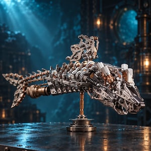 Puede incluir: Una escultura de pez mecánico construida con diversos componentes metálicos, incluyendo engranajes, resortes y pernos. La figura presenta un cuerpo segmentado, una aleta dorsal prominente y una cola, todo sobre un soporte metálico vertical.