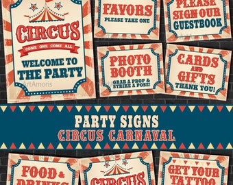 Letreros de carnaval de circo, letreros de fiesta de circo vintage, imprimibles de fiesta de cumpleaños de circo, archivos PDF de letreros de circo, descarga instantánea RPS17
