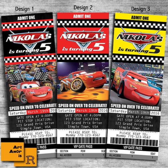 Ticket Cars Birthday Invitations Cars Invitation Lightening Etsy