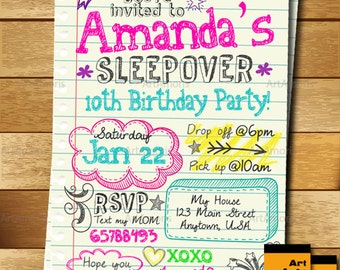 Sleepover Invitation, Doodle Teen Notebook Sleepover Invitation, Slumber Party Invitation, Pajama Party Invitation R-144