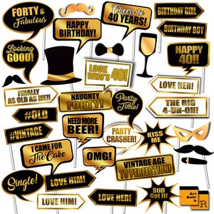 40th Birthday Photo Booth Props, Forty Birthday Party Props, DIY Photo Booth Party Printables, Gold Black Elegant, Instant Download RPP4