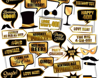 40th Birthday Photo Booth Props, Forty Birthday Party Props, DIY Photo Booth Party Printables, Gold Black Elegant, Instant Download RPP4
