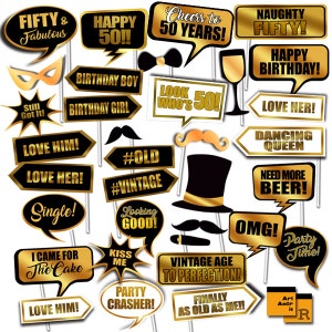 50th Birthday Photo Booth Props, Fifty Birthday Party Props, DIY Photo Booth Party Printables, Gold Black Elegant, Instant Download RPP5