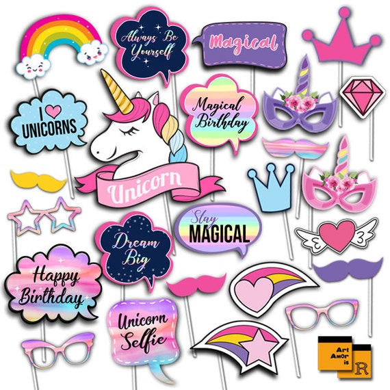 Set 35 Pezzi Accessori Foto Booth Unicorno - Corni, Maschere, Occhiali Per Feste Di Compleanno A Tema