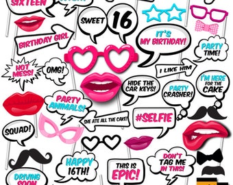May include: A set of 24 colorful photo booth props for a 16th birthday party. The props include a variety of fun and festive designs, such as lips, glasses, mustaches, hats, and speech bubbles with phrases like "Sweet Sixteen", "Happy 16th!" and "It's My Birthday!"