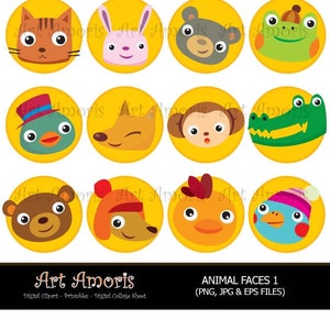 Puede incluir: Conjunto de 12 ilustraciones de caras de animales de dibujos animados coloridos. Cada cara de animal está en un círculo amarillo. Los animales incluyen un gato, un conejo, un oso, una rana, un pato, un zorro, un mono, un caimán, un oso, un perro, un pollo y un pato.