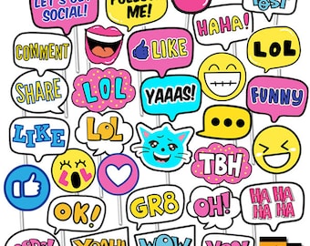 Social Media Photo Booth Props, Girl Teen Birthday Party Printables, Cute Funny Selfie Digital Props Girly Party Decor Instant Download RPP6