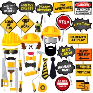 以下が含まれることがあります： 建設をテーマにしたフォトブースの小道具20個セット。小道具には、「一生懸命働いて、もっと一生懸命遊ぶ！」や「子供は仕事中」などのフレーズが書かれた看板や、ヘルメット、ハンマー、のこぎりなどの建設をテーマにしたアイテムが含まれています。