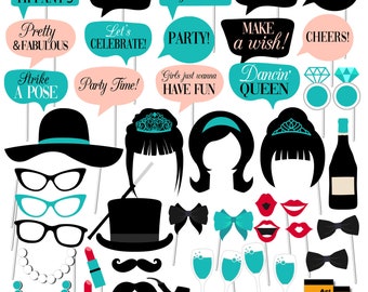 May include: A set of 25 printable photo booth props with a turquoise and black color scheme. The props include speech bubbles with text like "Let's Celebrate!" and "Party Time!" as well as hats, glasses, mustaches, lips, and other fun accessories.