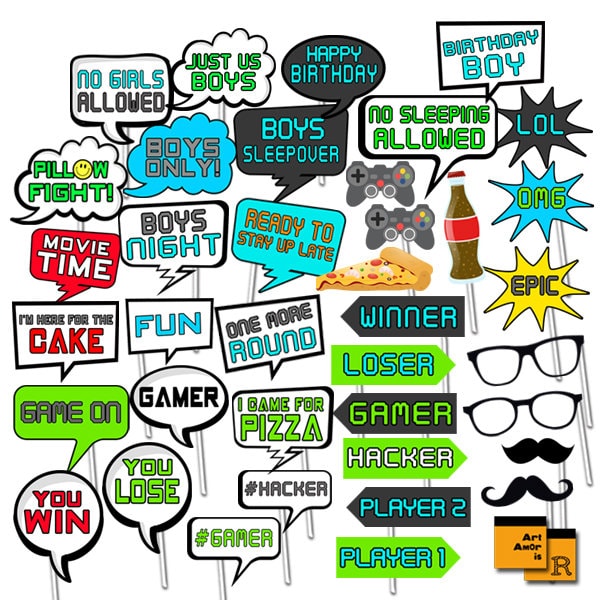 Boy Sleepover Photo Booth Props Sleepover Birthday Party Printables Video Game Party Boys Night Birthday Party Instant