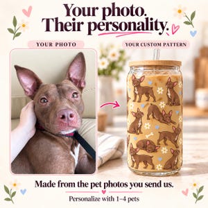 An original dog photo beside a glass decorated with a custom full-body pet pattern made from that pet, with ivory flowers and blue hearts.