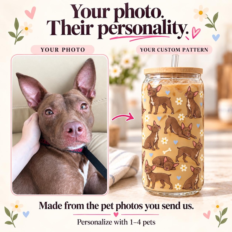 An original dog photo beside a glass decorated with a custom full-body pet pattern made from that pet, with ivory flowers and blue hearts.