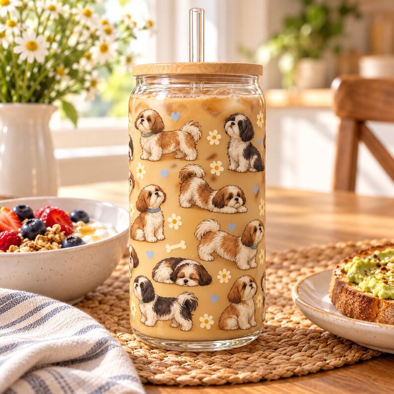 Shih Tzu pattern glass cup with bamboo lid and glass straw in an everyday scene.