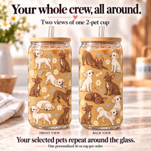 Front and back views of one glass with a two-pet wraparound pattern. This shows one cup, not two.