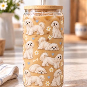Dog Breed Glass Cup with Bamboo Lid and Straw, Floral Pet Pattern Maltese