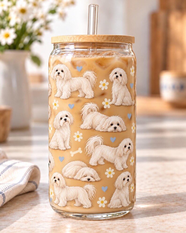 Dog Breed Glass Cup with Bamboo Lid and Straw, Floral Pet Pattern Maltese