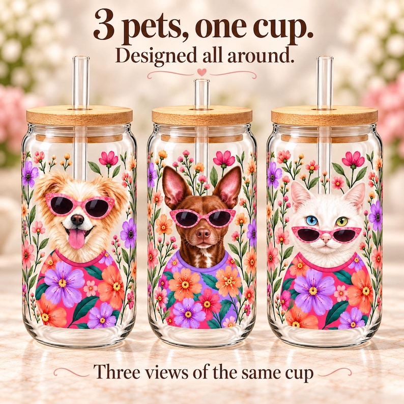 Three views of one glass showing a cream dog, a brown dog, and a white cat spaced around the floral wraparound design.