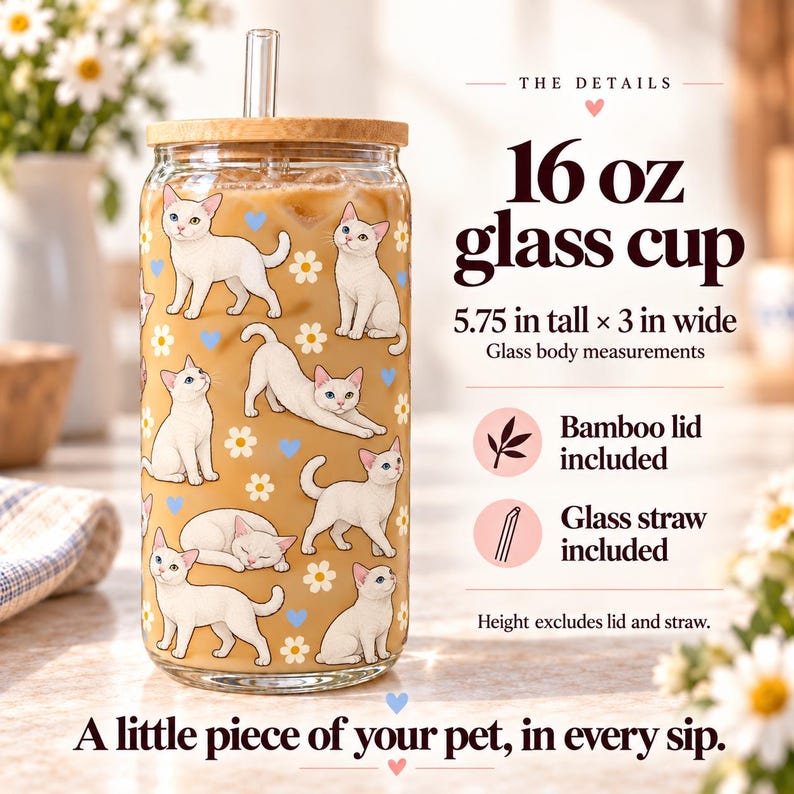 Size and details of the 16 oz glass cup: approximately 5.75 inches tall by 3 inches wide, with bamboo lid and glass straw.