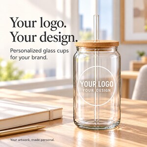 Glass cup for business logos and branded drinkware with your design placeholder.
