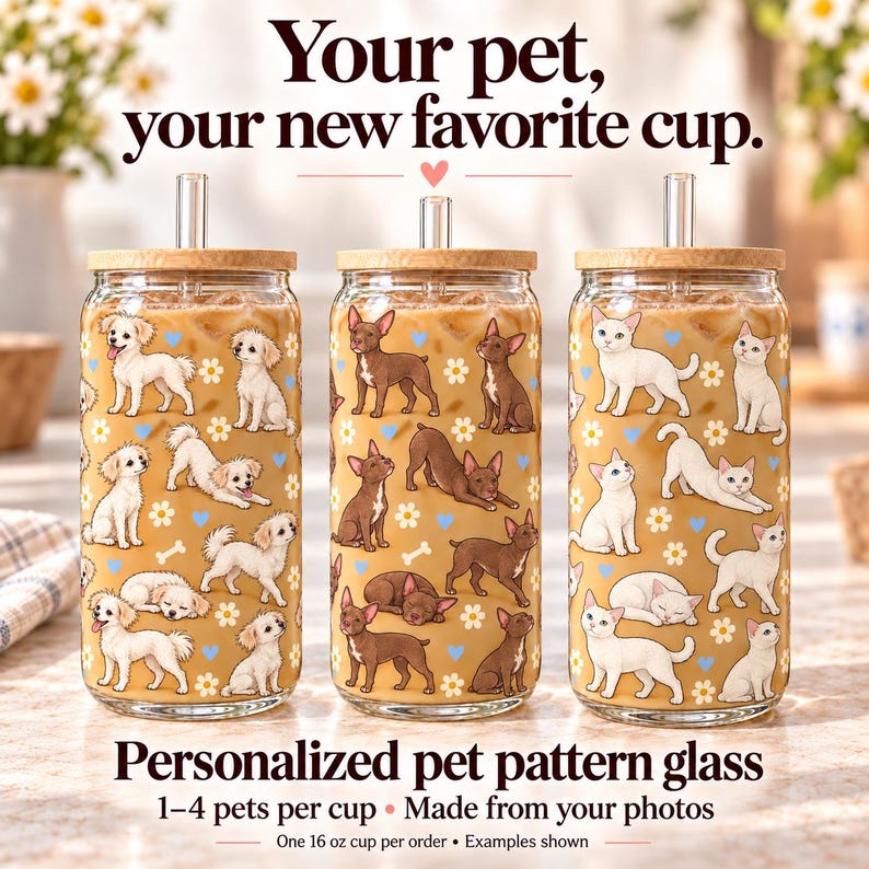 Three examples of a personalized 16 oz pet pattern glass with bamboo lid and glass straw. One cup customized with your own 1 to 4 pets in a wraparound pattern.
