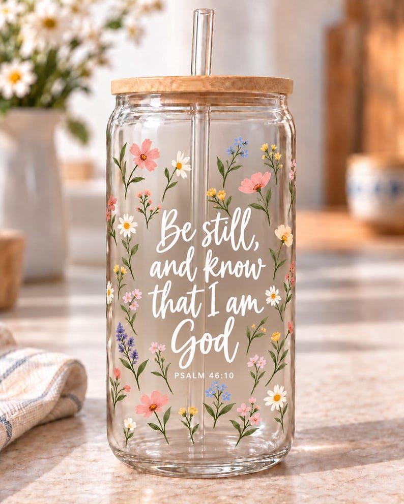 Digital mockup of a clear glass cup showing Be Still and Know That I Am God lettering and Psalm 46:10 among wildflowers. Bamboo lid shown.