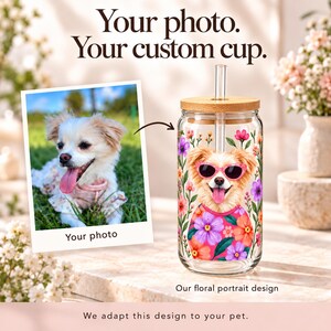 An original cream dog photo beside a glass decorated with a front-facing illustrated portrait of the same dog in pink sunglasses and a floral shirt.