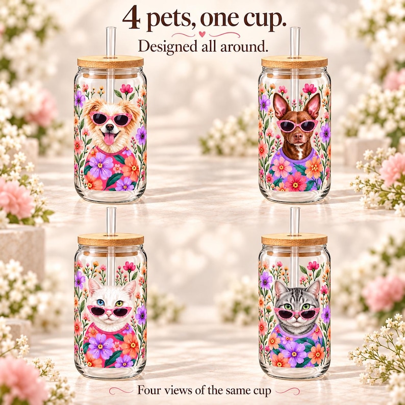 Four views of one glass showing two dogs, a white cat, and a gray tabby cat spaced around a floral design. This is one cup, not a set.