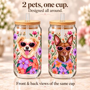 Front and back views of one glass with two pet portraits placed on opposite sides, surrounded by flowers.
