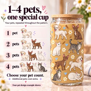 One glass shown with pattern options for 1, 2, 3, and 4 pets. The pets repeat around the cup in a wraparound design.